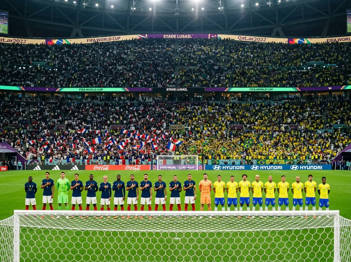 Joueurs de football alignés sur le terrain avant un match de phase de groupes